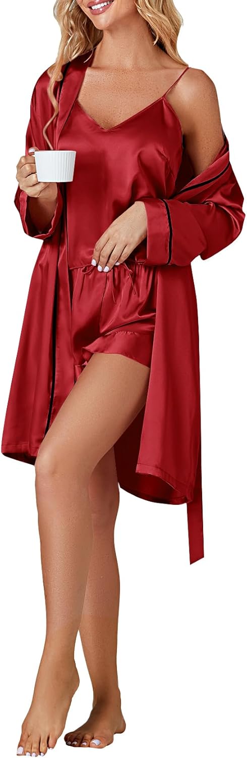 Vrtige Women's 3pcs Satin Pajamas Set Cami Top and Shorts Sleepwear PJs Set with Robe - Image 6