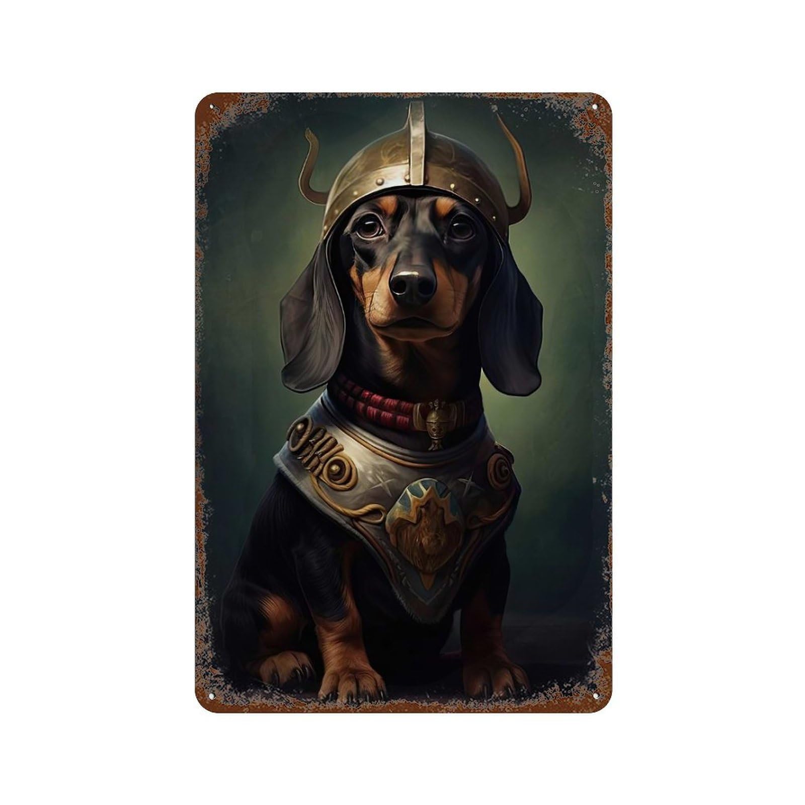 Aged Metal Wall Plaque with Dachshund Viking Design 11.8"x7.9", for Garage, Bar And Workshop Decor, Rustic Home Decor