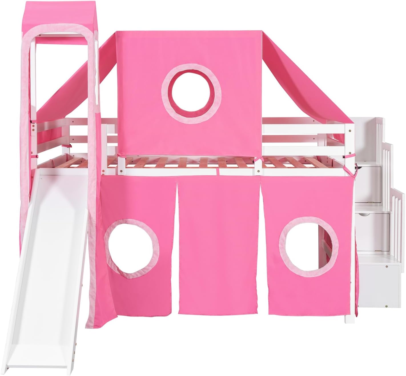 Full Size Loft Bed with Tent and Tower - Pink - Solid Wood - Playhouse Inspired - Kids Bedroom Fun
