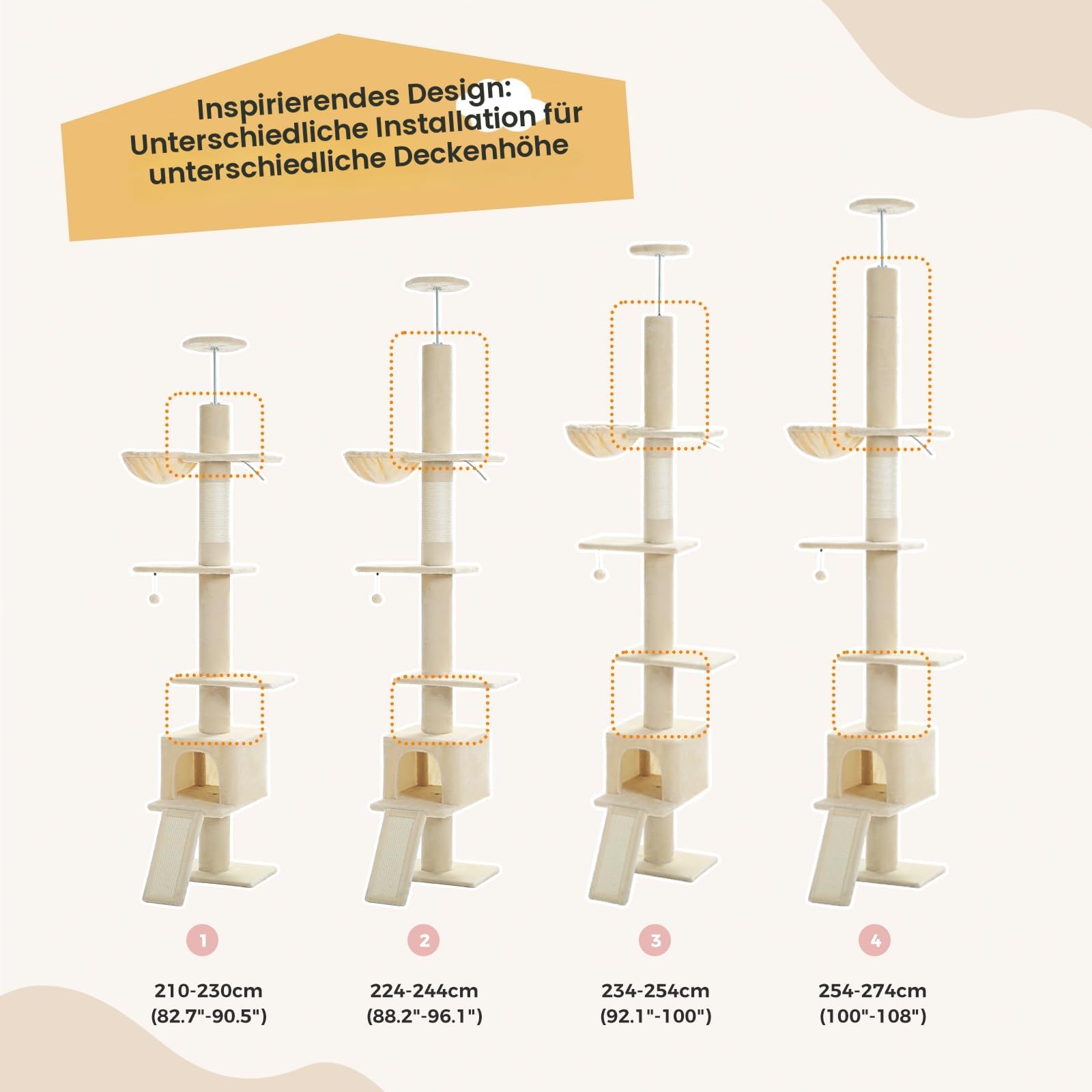 PAWZ Road Kratzbaum deckenhoch, Katzenbaum vom Boden bis zur Decke verstellbar, höhenverstellbar (216-273cm), Katzenturm mit Hängematte und Katzenhöhle, Anti-Sturzgurt Beige