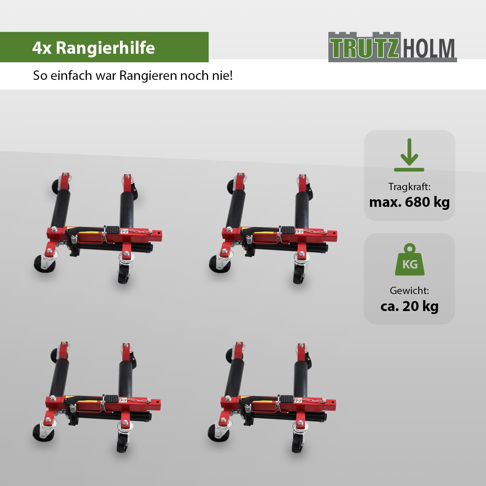 TRUTZHOLM Rangier-Hubwagen | 680 kg Stück | hydraulische Rangierhilfe Wagenheber Rangierheber PKW Auto Rangierwagenheber Rangierroller (4 Stück)