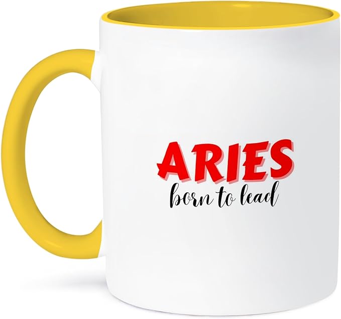 3dRose, Zodiac Sign - Aries - Born To Lead Text, 11oz Two-Tone Yellow Mug