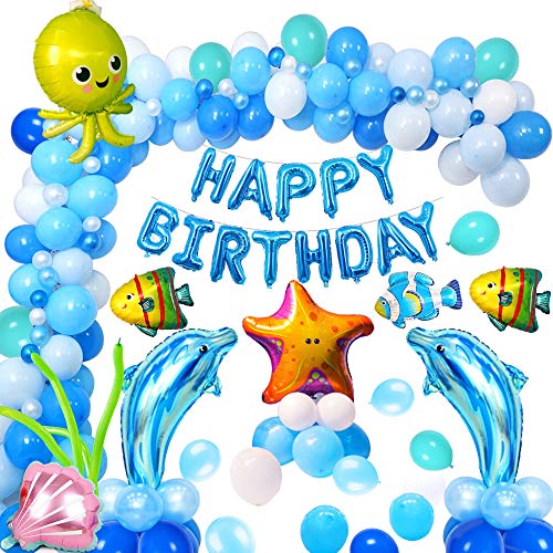 MMTX Compleanno Blu Bianca Palloncini per Ragazzi Bambino Compleanno Festa Decorazione,Birthday Bandiera con Marino Animali Delfino Stella Marina Pesce Palloncino per Ragazzi Bambino Compleanno Party