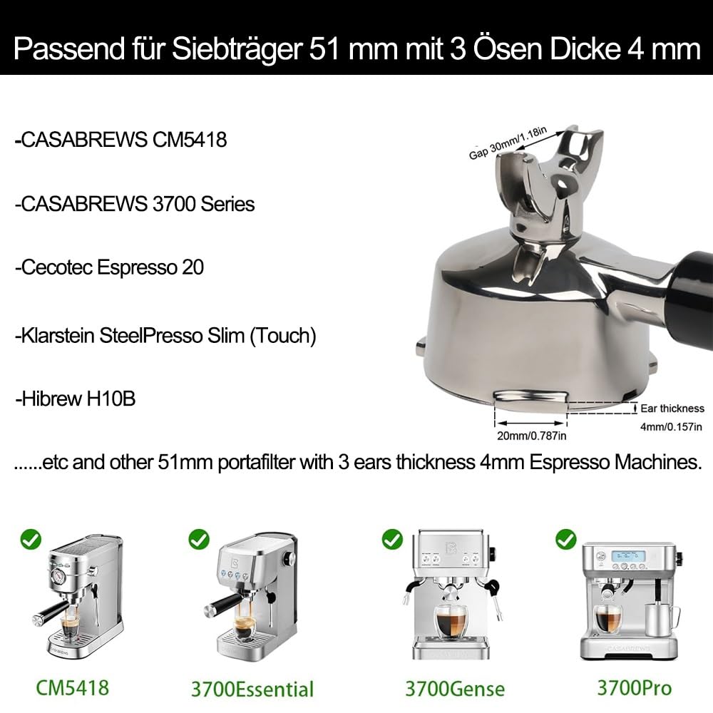Portafiltro de 51 mm para Cecotec Power Espresso 20/Casabrews CM5418 con doble caño – Soporte de filtro de acero inoxidable con colador