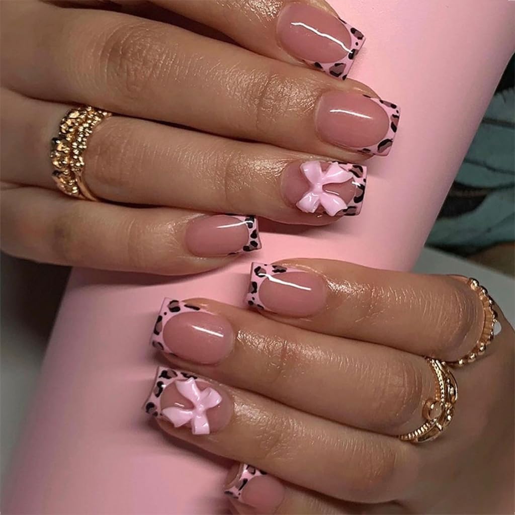 Pack of 24 Glossy with Bows Dots Pattern Short French Tip Square Shape False Nails for Women