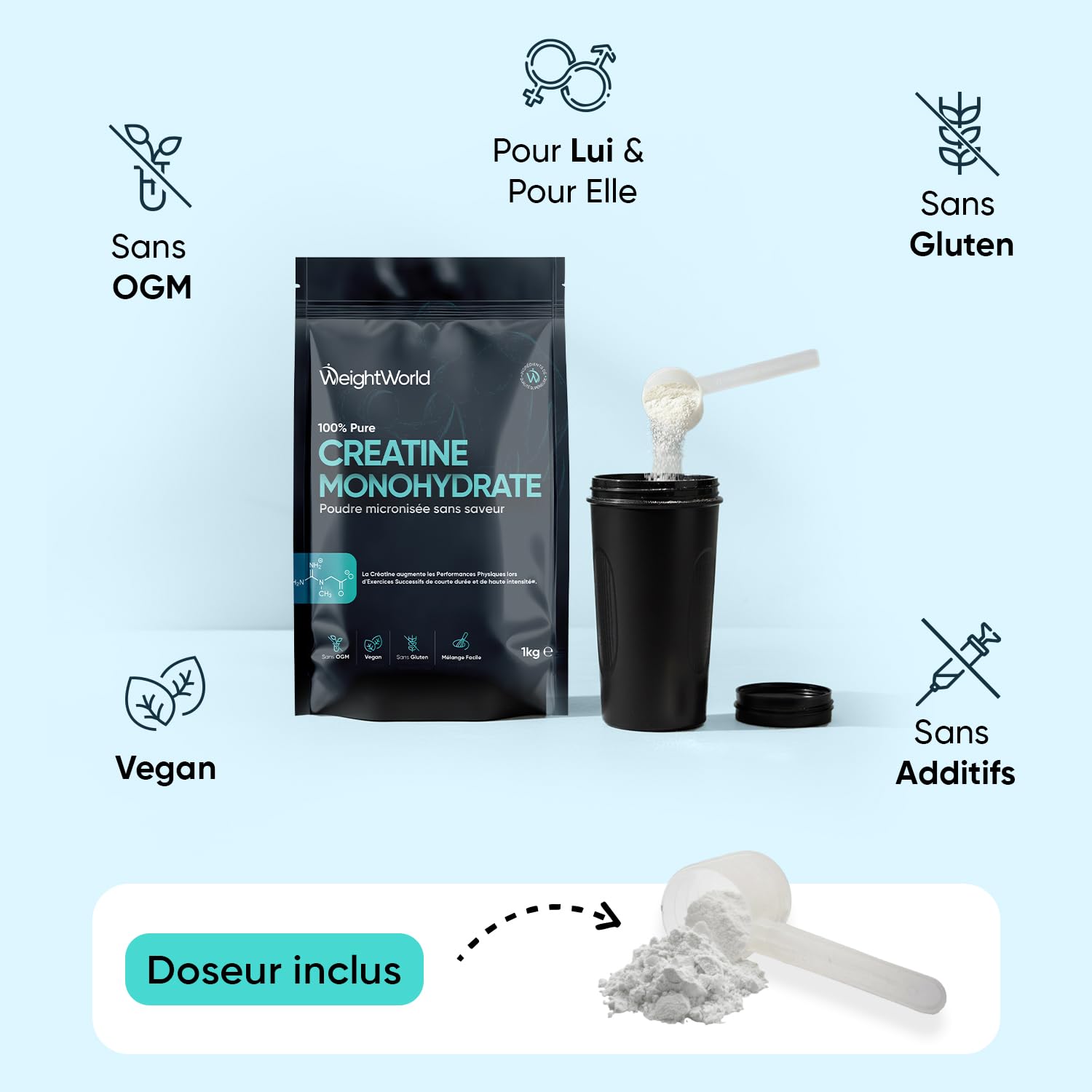 Creatine Monohydrate Poudre Pure 1kg, Créatine Micronisée sans Goût 200Mesh