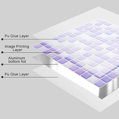 Miniatura 6 de PH PandaHall 5 calcomanías de mosaico en muro cuadrado púrpura 3D para despegar y pegar, azulejos autoadhesivos, azulejos de vinilo adhesivos para