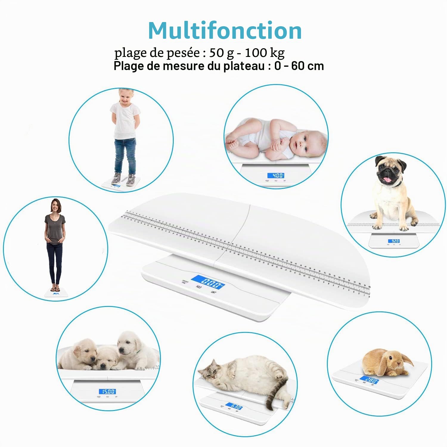 Balance numérique pour animaux de compagnie, 3 modes de pesée kg/oz/lb, 220 lb, précision ±0,02 lb, blanc