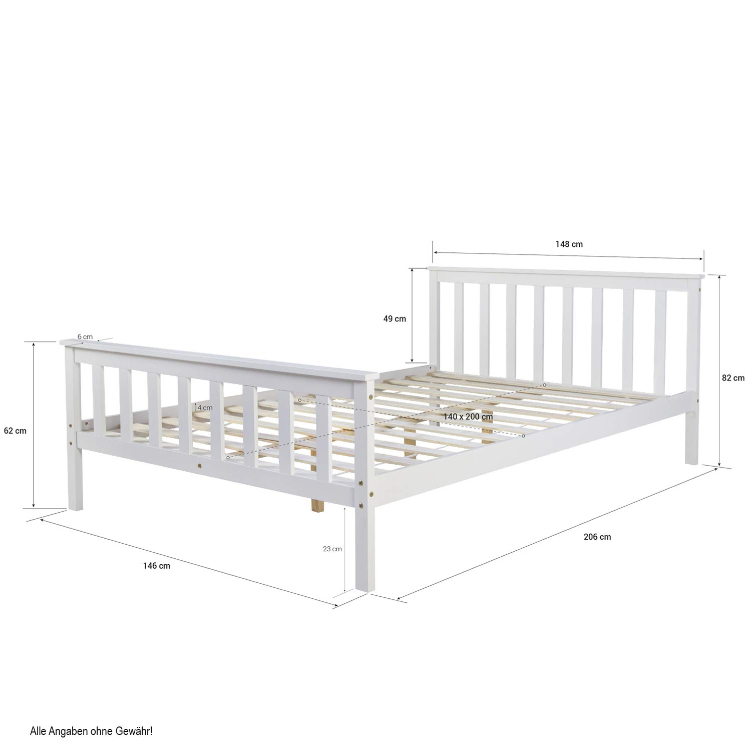 Homestyle4u Massivholzbett 140x200 Weiß mit Lattenrost, Kiefer | Doppelbett aus Massivkiefer, weiß lackiert – Kopfteil & Fußteil, Mittelstütze, inkl. Rolllattenrost