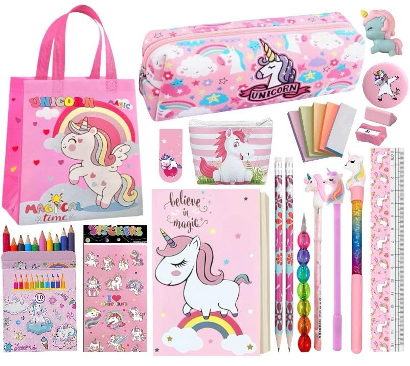 TOOYEP 15 Pcs Unicorn Gift Combo Set For Girls Kids Unicorn Theme Gift Bag Stationery Set Age 6-8 Years 10-12 Year I Diary, Stickers, pen, pouch, scale, badge, Eraser, Wallet & Carry Bag