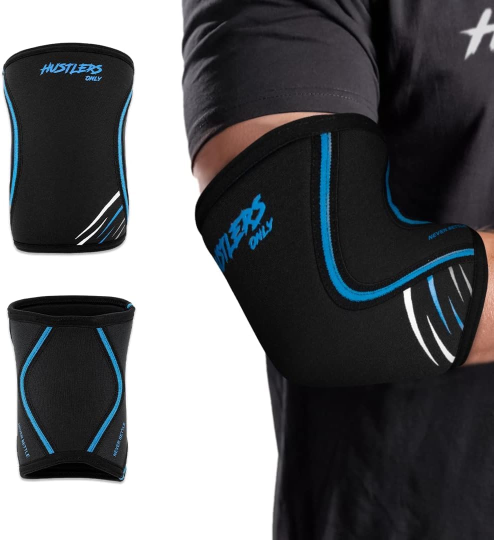 Hustlers Only Elbow Sleeves Weightlifting 7mm Neoprene Compression Elbow Support Sleeves for Gym Training, Powerlifting, Fitness, and Workout. (Black/Blue, XS)
