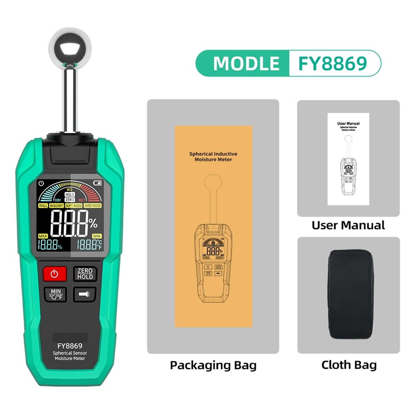 Medidor de humedad de granos, Misuratore di umidità professionale, profondità non distruttiva di 40 mm con display del sensore sferico for legno, cemento, mattoni