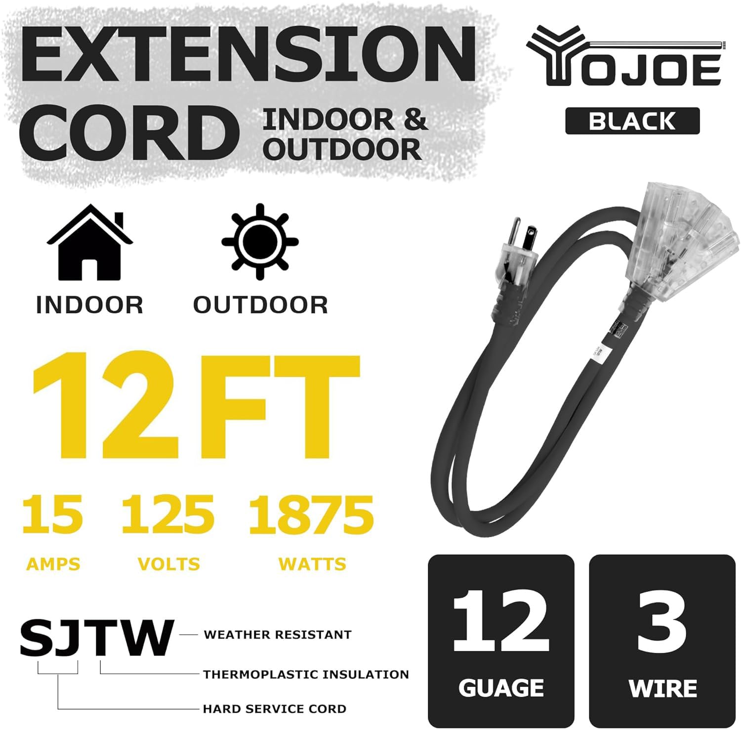 YOJOE - Cable de extensión negro de 12 pies, cable de extensión para exteriores iluminado de calibre 12 con múltiples tomas, cable de extensión SJTW de 12/3 con enchufe de tierra de 3 puntas para