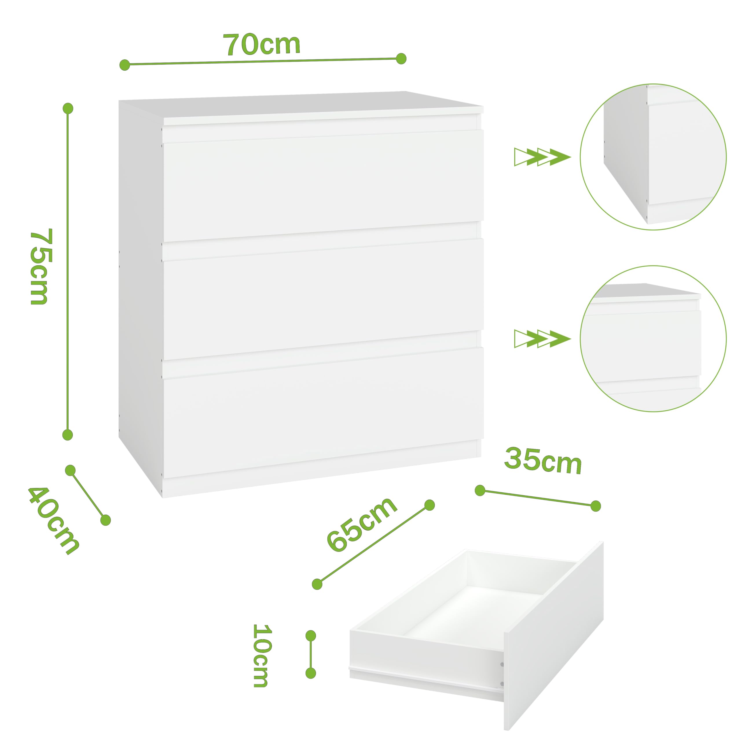 Armadio Camera da Letto, Cassettiera Camera da Letto, Armadio Cameretta Salvaspazio con 3 cassetti, Mobile Soggiorno Moderno Bianco 70x40 x75cm(bianca, 3 cassetti)