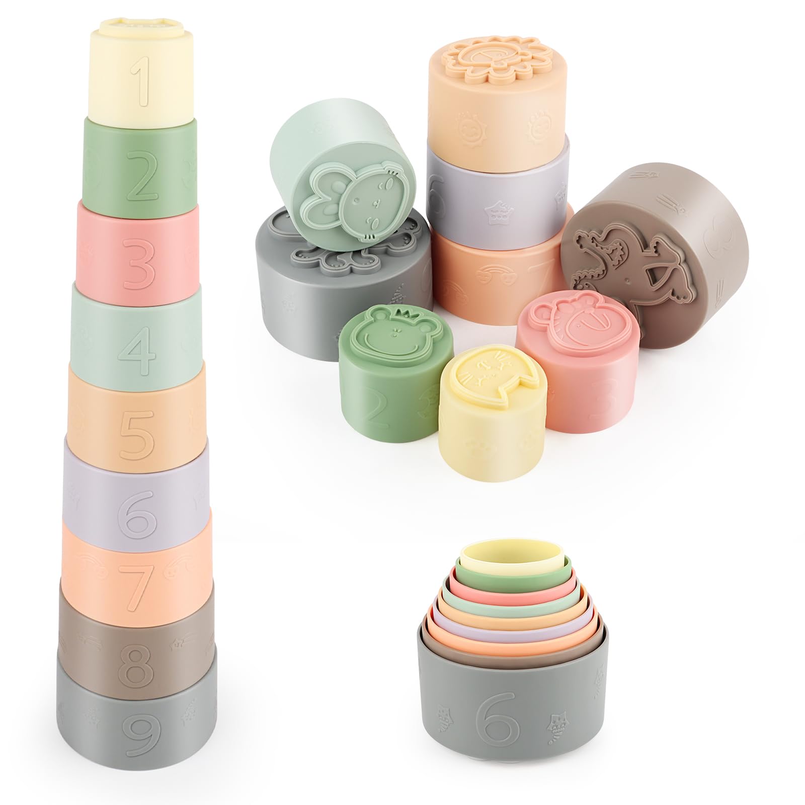 9 vasos apilables para bebés de 3 a 6 meses, torre apilable sensorial, juguete educativo con números y color, juguete de baño y juguete de arena, regalo para 7, 8, 9, 10, 11, 12 meses, 1 año, niños y