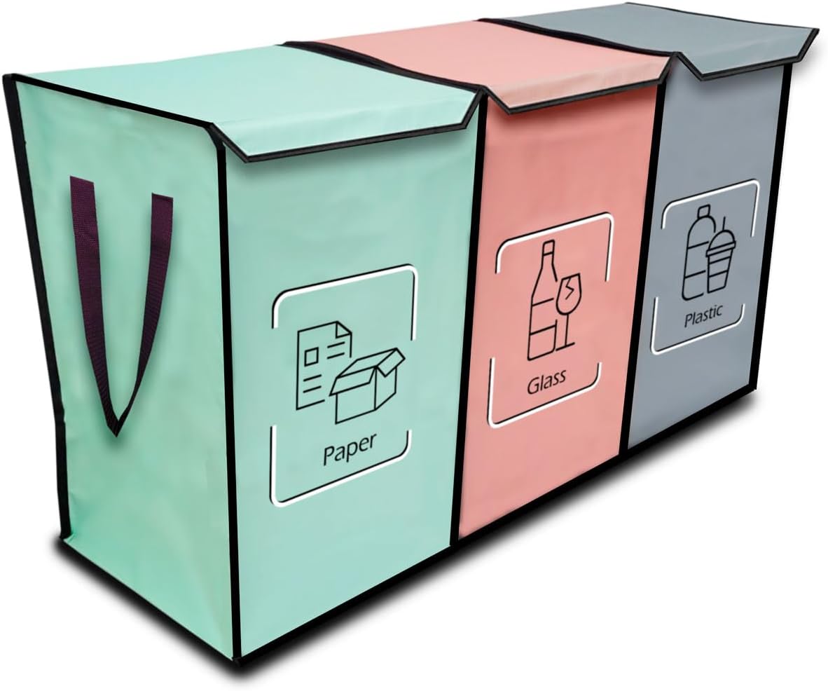 NYIKA - Recycling Bags for Kitchen - Indoor Recycling Bins - Recycle Bags - Recycling Box - Recycling Bins for Kitchen 3 Compartments - (With Lid)