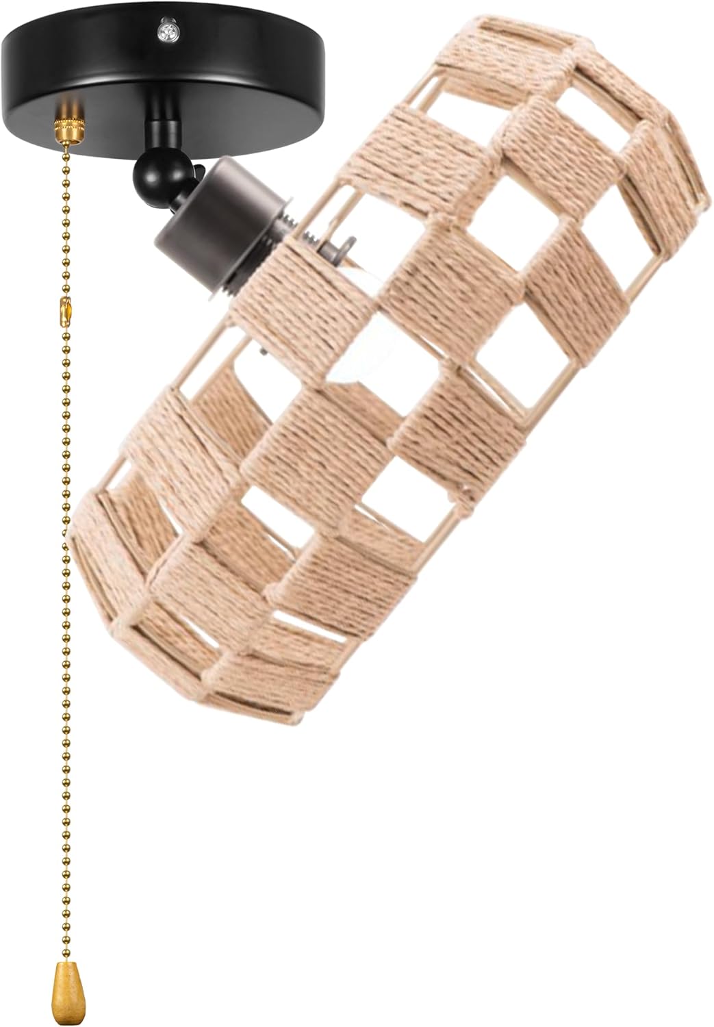 Adjustable Light, Zipper Switch 12V RV Industrial Natural Boho Style Mosaic Woven Rattan Drum Cover, E26 Socket Semi Flush Mount Interior Lighting Decorative for Boat Camper Hallway