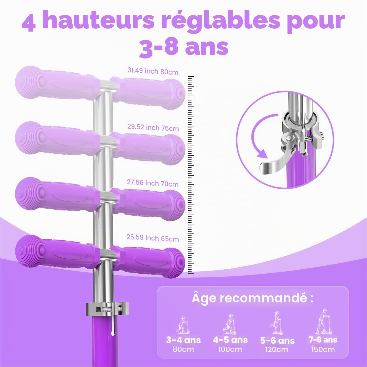 TONBUX Trotinette Enfants 3-8 ans, Trottinette pour Enfants avec Colonne, Roues et Plateau Lumineux, Plateau Métallique Renforcé, Hauteur Réglable 65–80 cm, Frein Arrière Réactif, Lean to Steer Design