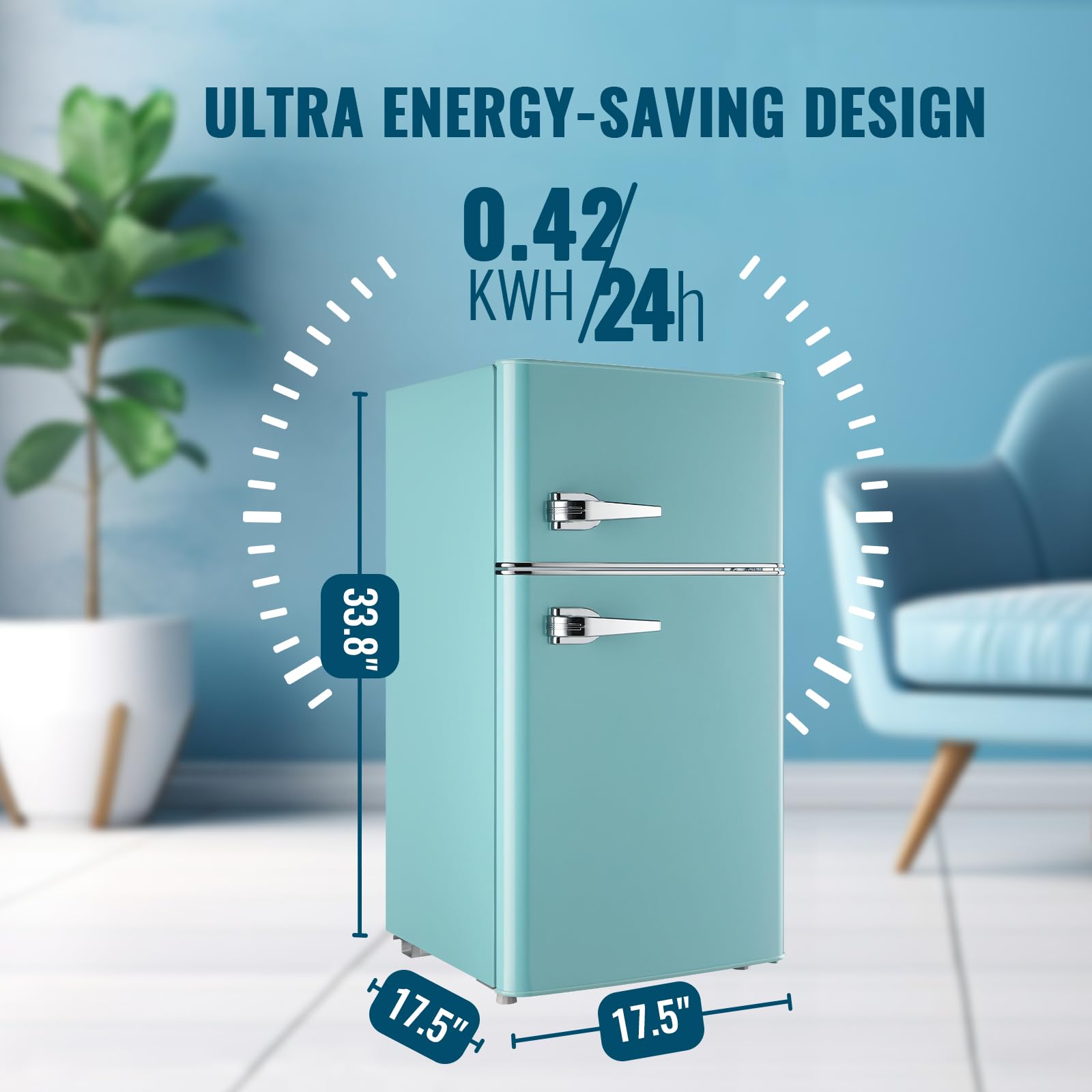 WANAI Small Refrigerator 3.5 Cu.Ft Retro Mini Fridge Freezer Two Doors Handles For Home Dorm College Office Freestanding Blue Refrigerator With LED Light And Galss Shelves on Fridge.com - View 5