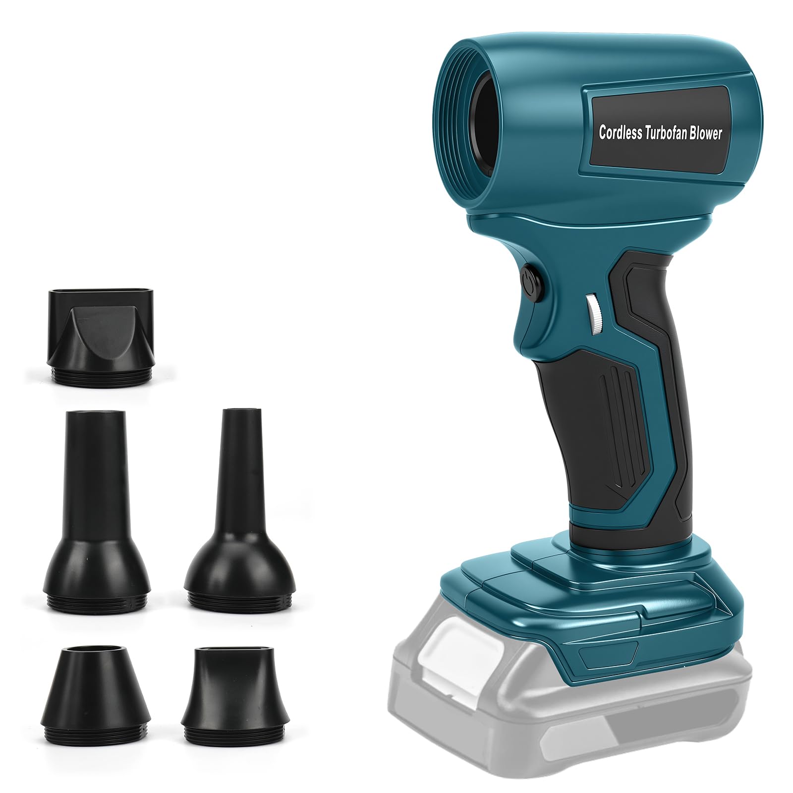 Mini soplador de hojas con batería compatible con Makita 18V, 30 m/s, 130000 RPM motor sin escobillas, 5 boquillas incluidas, ligero y portátil para terraza, césped, limpieza de automóviles y camping
