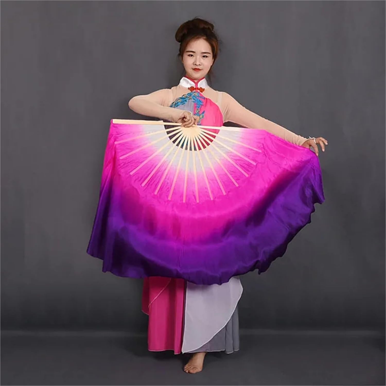 Dancing Fan 1pair (1L+1R) Gradient Color Belly Dance Silk Fan Veils Two-Sides Real Silk Folding Fan Oriental Dance Props Fans 41cm-86cm Long for Dancing(Color 9,36cm-50cm)