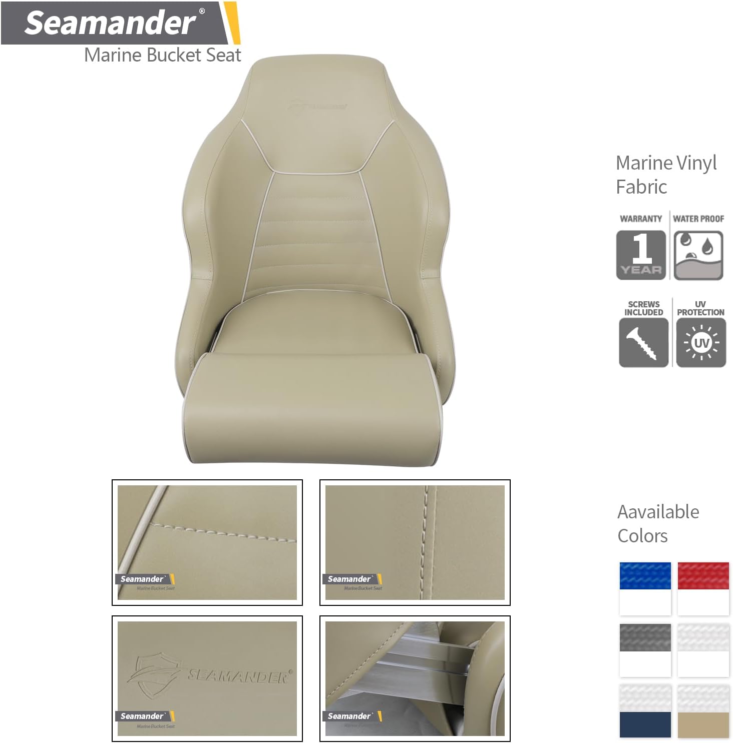 Seamander Premier Series Captain Bucket Seat with Flip Up Bolster, Boat Seat Suitable For Fishing and Pontoon boats (D-Tan)