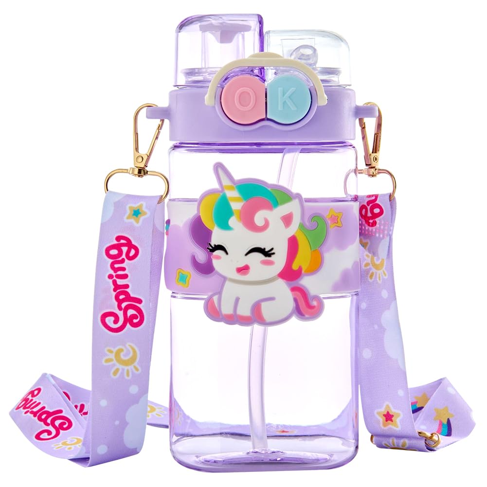 WFKKMEQ Unicorn Water Bottle with Straw, Unicorn Drinking Bottle Water Bottle Bottles with Straw and Adjustable Strap Double Drinking Leakproof Sports Bottles for Travel School (520ML) Accessories