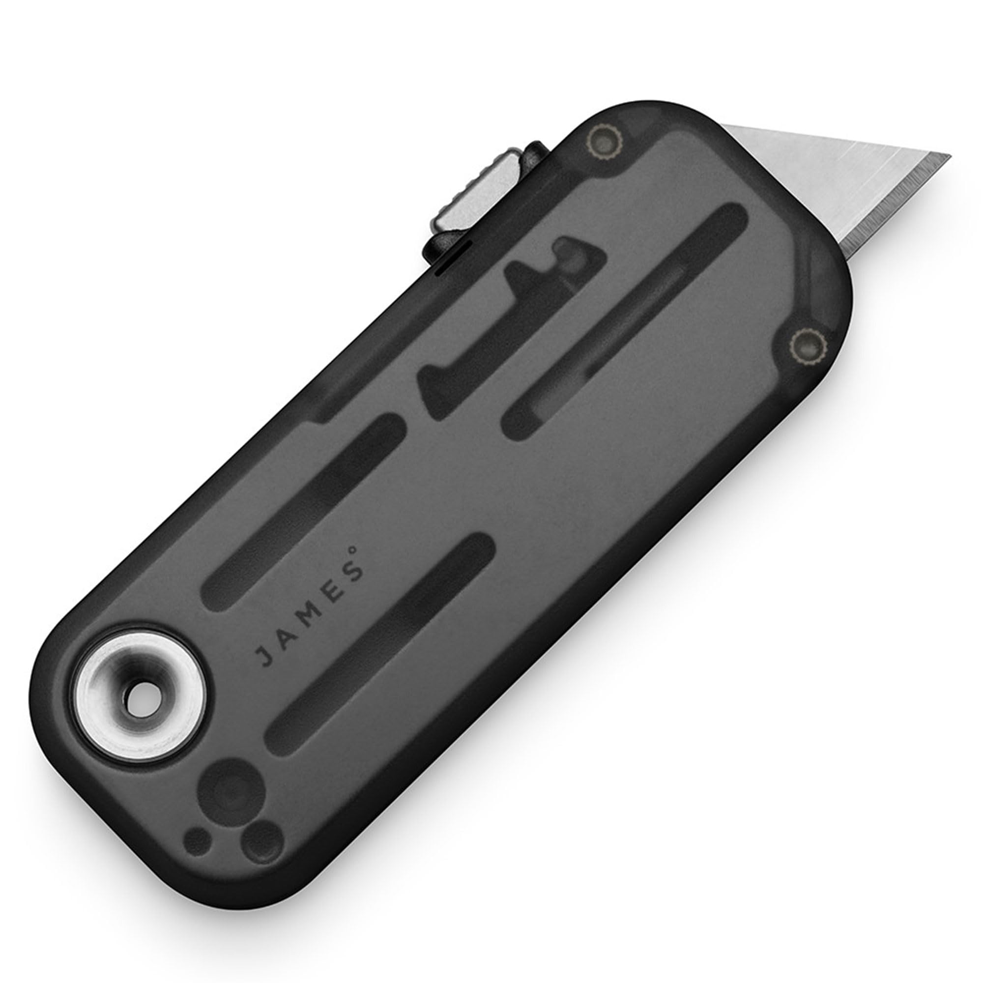 JAMES° The Palmer Clear Utility Knife, 100% Recycled PCTG Handles, Buttery Smooth Action, Refined Tool Free Blade Changes, Charcoal Grip