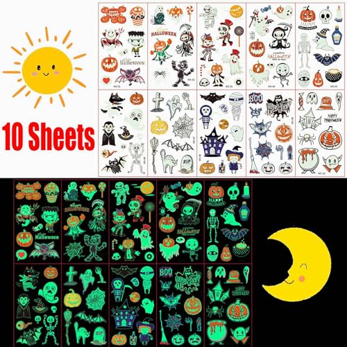 Image of 10 Sheets 80+ PCS Night Glitter Luminous Halloween Temporary Tattoos For Kids Boys Girls Face, Zombie Glow in The Dark Fake Tattoo Sticker, Ghost Spider Tattoos Basket Goodie Bag Stuffers Fillers