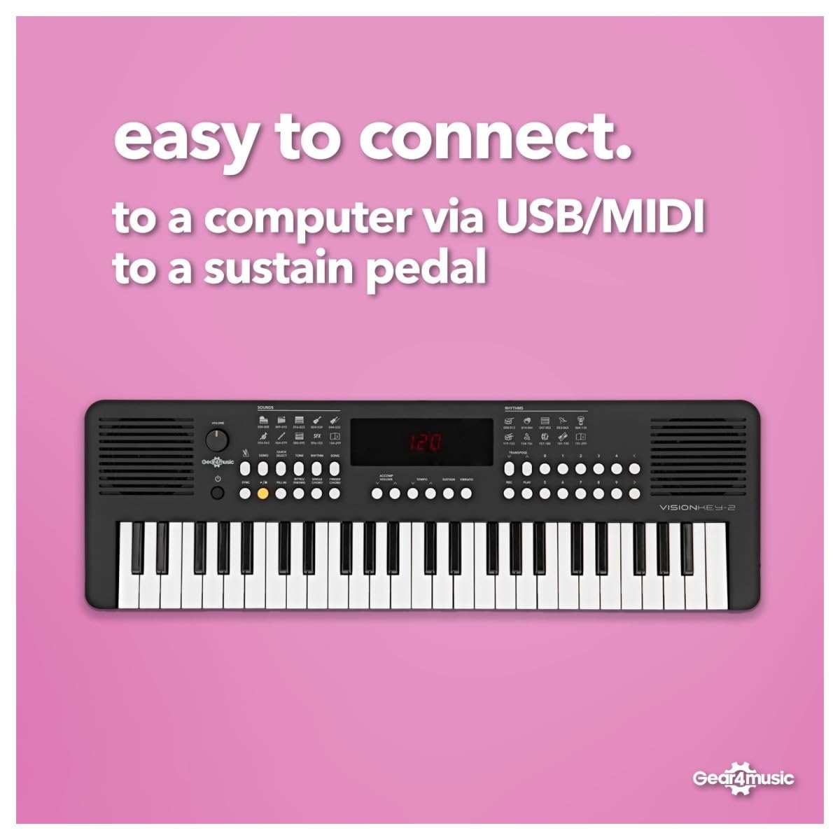 VISIONKEY-2 Tragbares MIDI-Keyboard Piano mit 49 Tasten, e-Piano, schwarz | Für Anfänger und Musikbegeisterte, 49 Minitasten, 300 Sounds und Rhythmen, USB-MIDI, Kopfhöreranschluss, Batterie oder USB