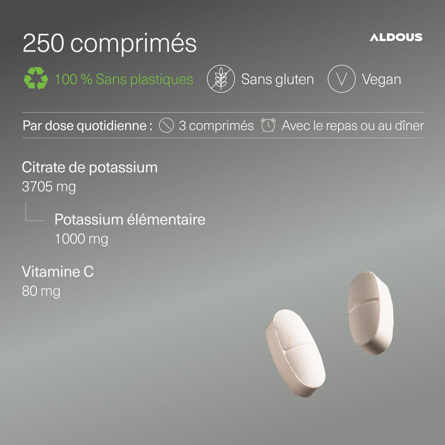 Citrate de potassium 3705 mg - 250 comprimés non enrobés - Potassium pur 1000 mg + Vitamine C 80 mg - Supplément sportif - Muscle, pression sanguine, système nerveux - Sans plastique - ALDOUS