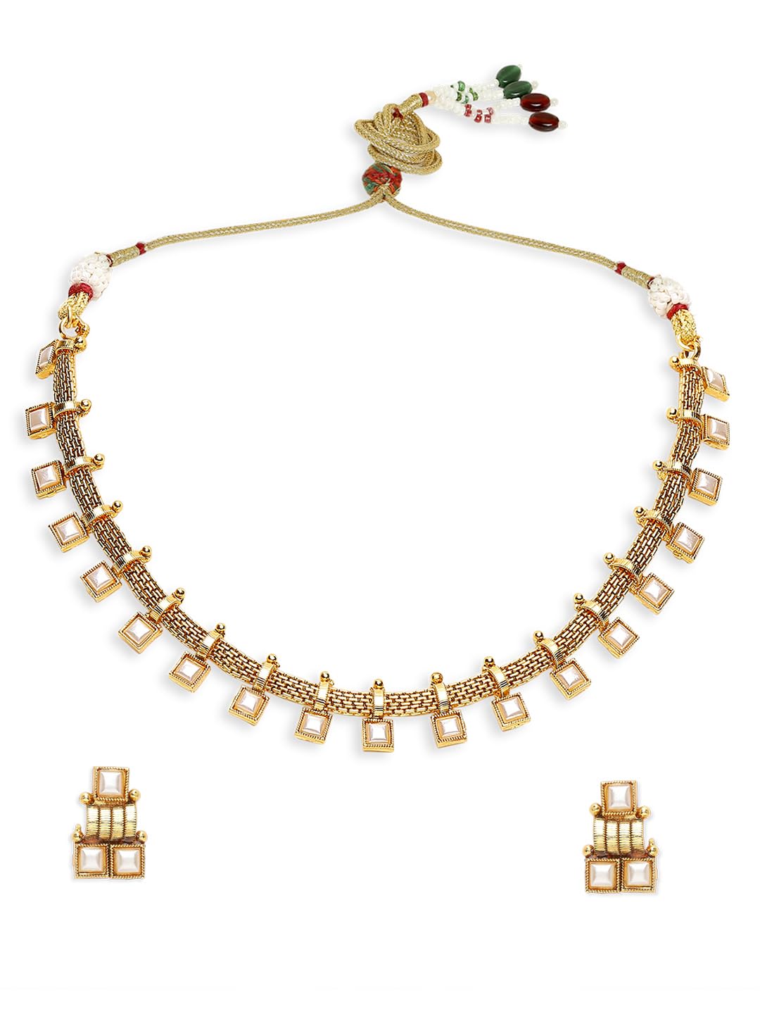 fabula Jewellery Gold Tone Delicate Ethnic Choker Necklace Set with Small Stud Earrings for Women & Girls Stylish Latest (NEJR24_Z)-picture-0