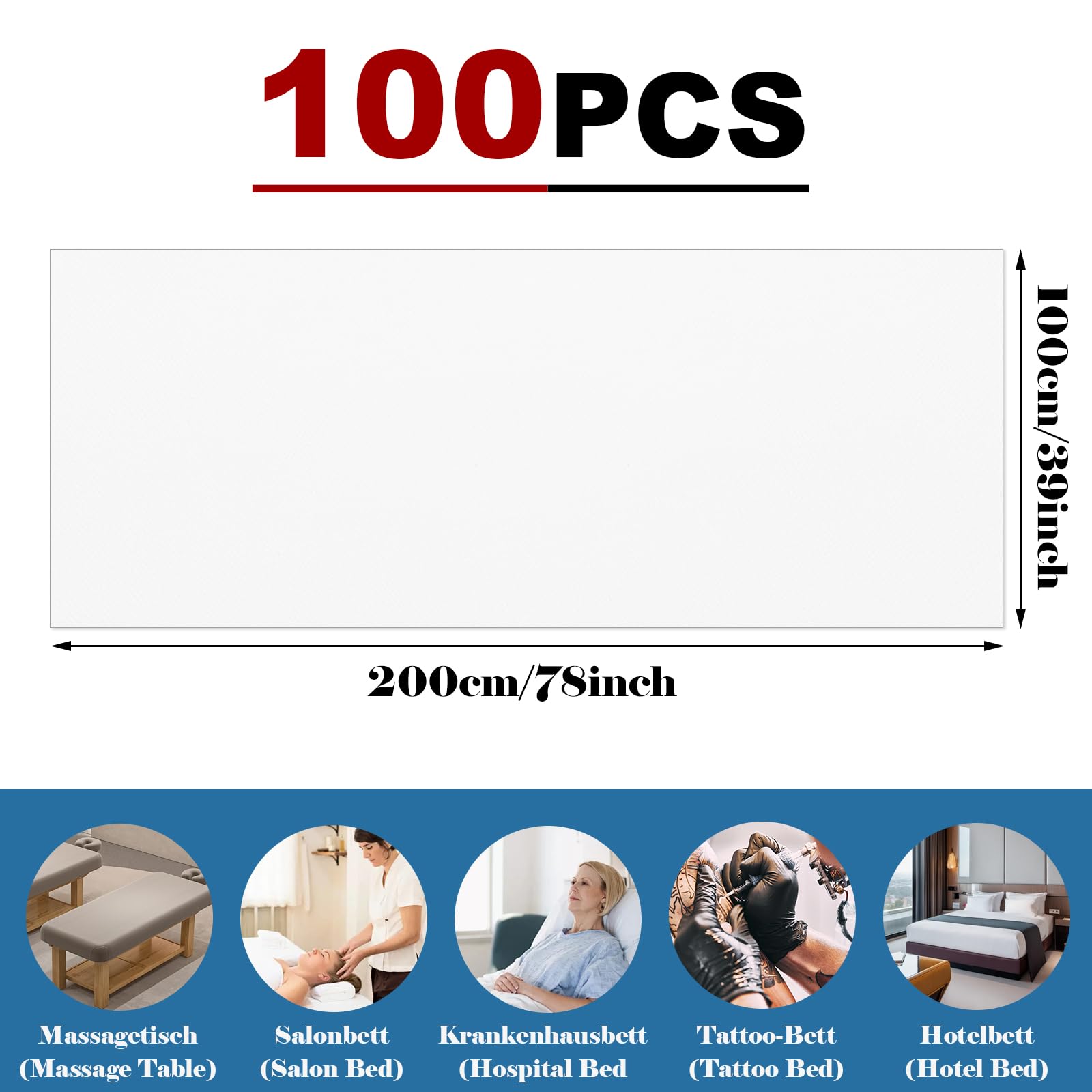 100 Stück Einweg Bettlaken, 100x200cm Einweg Massagetisch Bettlaken, Vliesstoff Spannbettlaken Massageliege, Einwegbettlaken für Schönheitssalon, Spa, Krankenhausbetten, Massage, Hotels(Weiß)