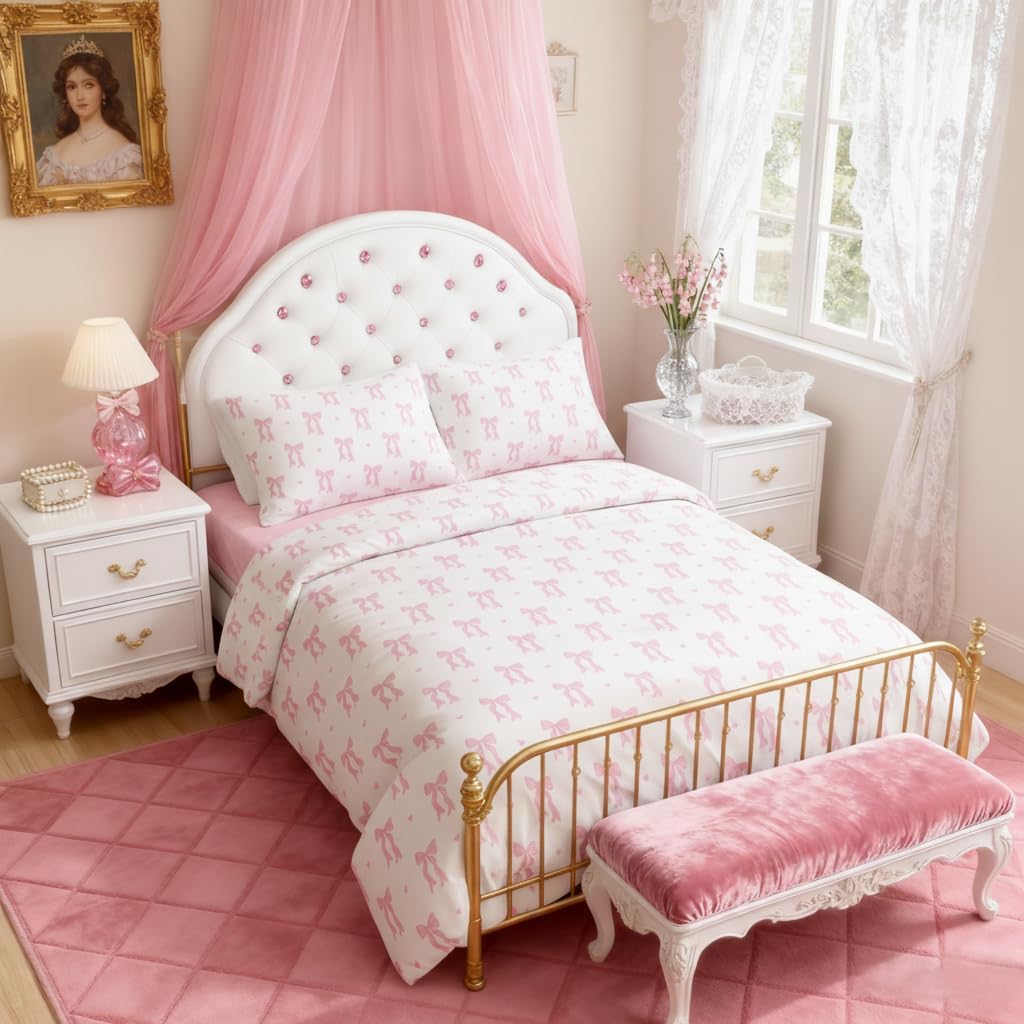 Sedefen Bow Bedding Duvet Cover Queen Size Pink White Heart Bowknot Bedding Set 3 Pieces Kids Girls Princess Style Cute Love Pattern Bowknot Soft Breathable Microfiber Duvet Cover