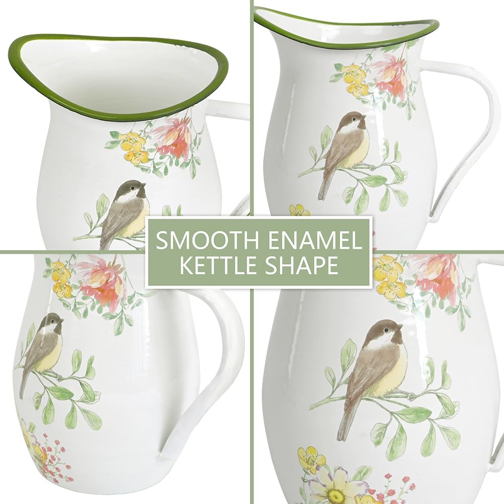Enamel Vintage Pitcher Vase for Flowers,7.9" L x 5.3" W x 7.5" H Rustic Pitcher Vase,Farmhouse Decor for Kitchen Table Centerpiece,Living Room,Bedroom (Yellow)