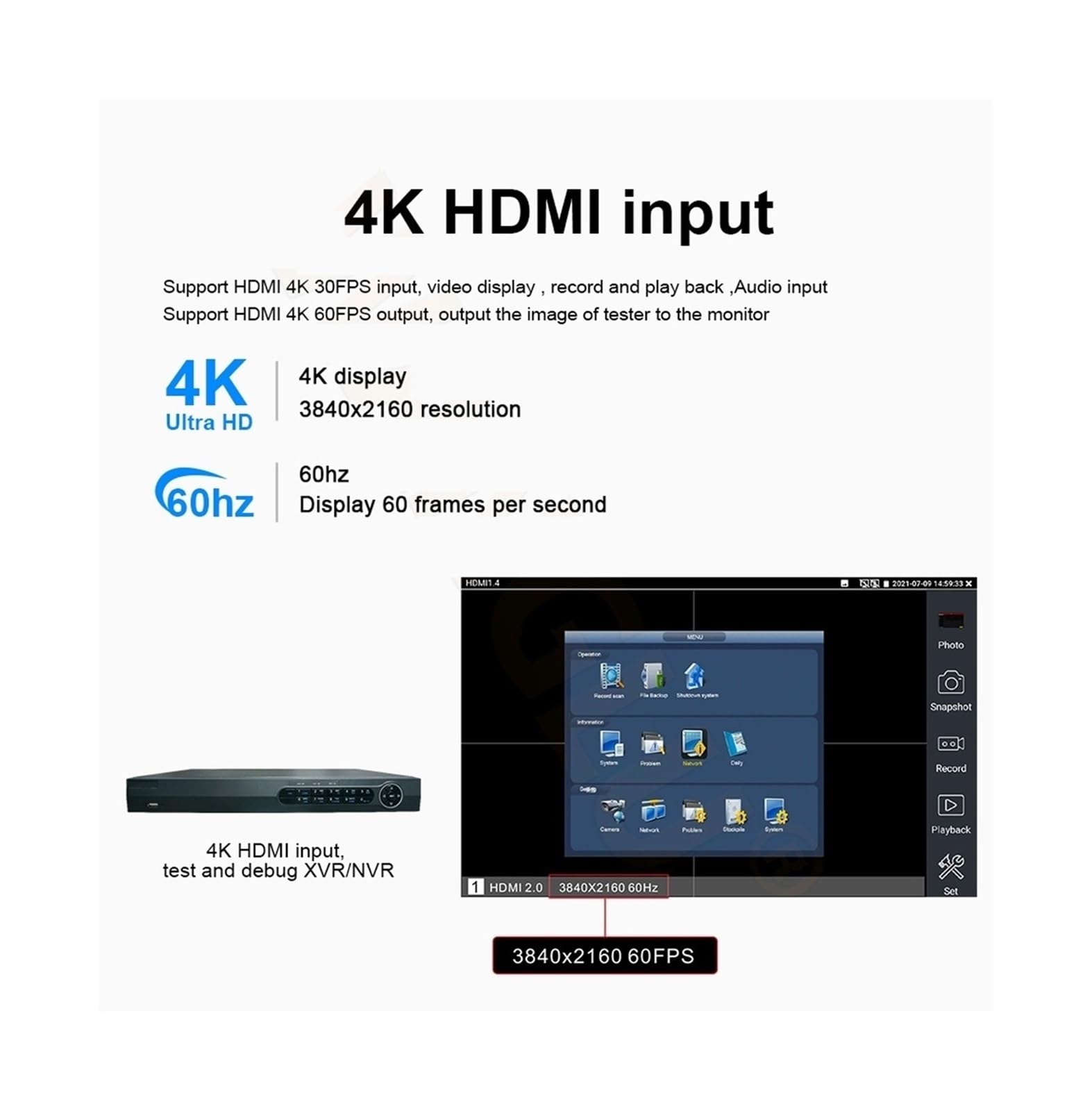 Tester CCTV, 7-calowy 8K tester CCTV H.265 Wielofunkcyjny | Z moduł optyczny SFP AHD CVI TVI SDI Generator pasków kolorów w jednym monitorze testowym do testowania kamer CCTV i IP.