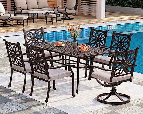 PHI VILLA Cast Aluminum Patio Dining Set for 6 Person, 7 Piece Outdoor Patio Set with 64