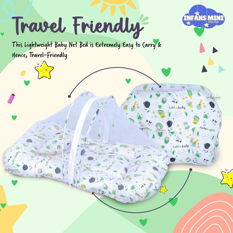 Image of Baby Bed with Mosquito and Insect Protection Net, Portable Mattress with Zip Closure & Pillow Ideal for Babies from 0-6 Months-Unisex (Panda Green)