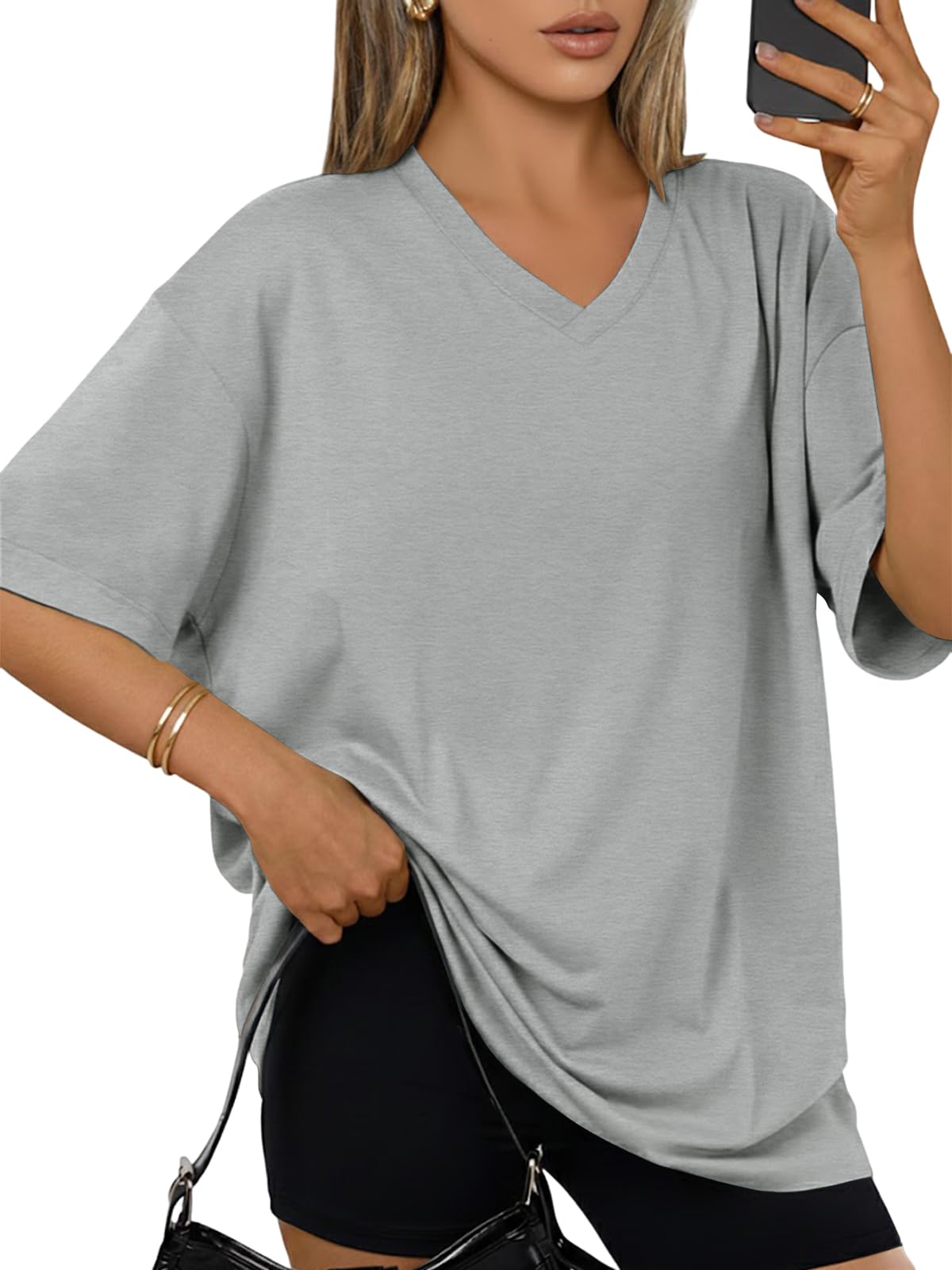 Cuptacc Tshirt Damen V Ausschnitt Oversized Oberteile Basic Locker Kurzarm Tunika Damen Sommer Lang Shirt Mit Schlitz Einfarbig Top