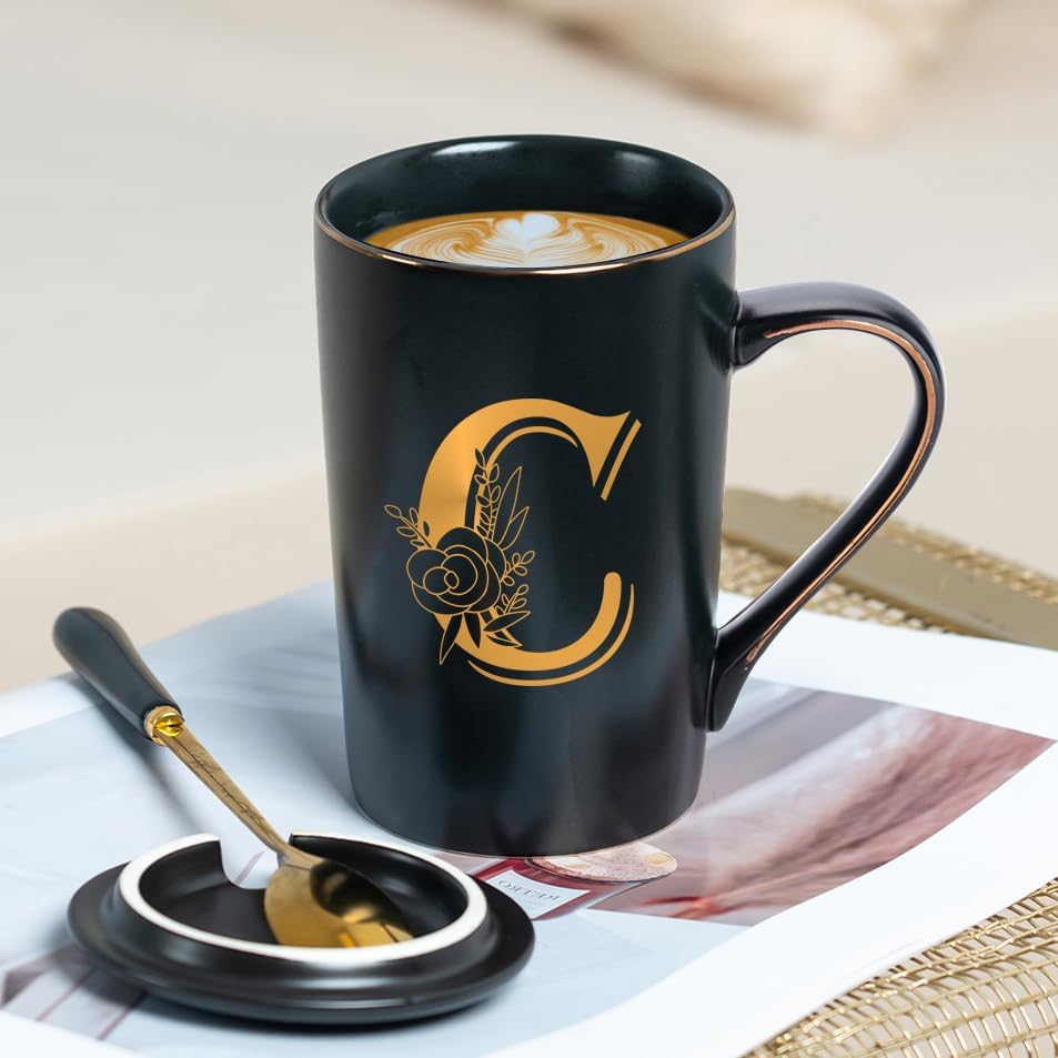 Letter C Personalized Initial Mugs with Flower, Letter C Personalized Coffee Mug, Customized Cool Letters Mugs for Women, Bridal Shower Gifts, Women's Initials Gifts Mug 14 OZ Matte Black - Image 3