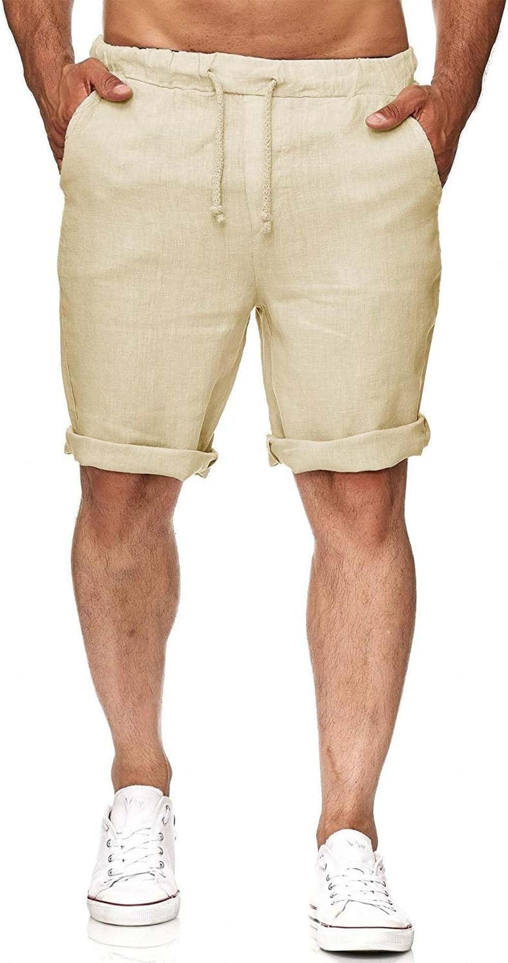 Runcati Herren Leinen Shorts Bermuda Kurz Hose Leicht Sommershorts Gummizug Freizeithose mit 2 Taschen Beige XL