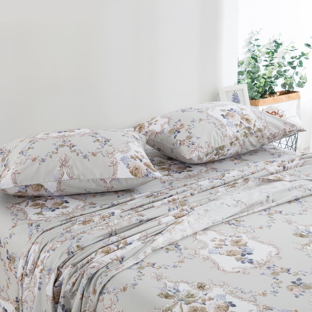 DAUAOTO Full Size Printed Sheets Set, 100% Cotton Bedding Sets, Up to 14" Deep Mattress, Classical Pattern Bedlinen Set, Rococo Gray