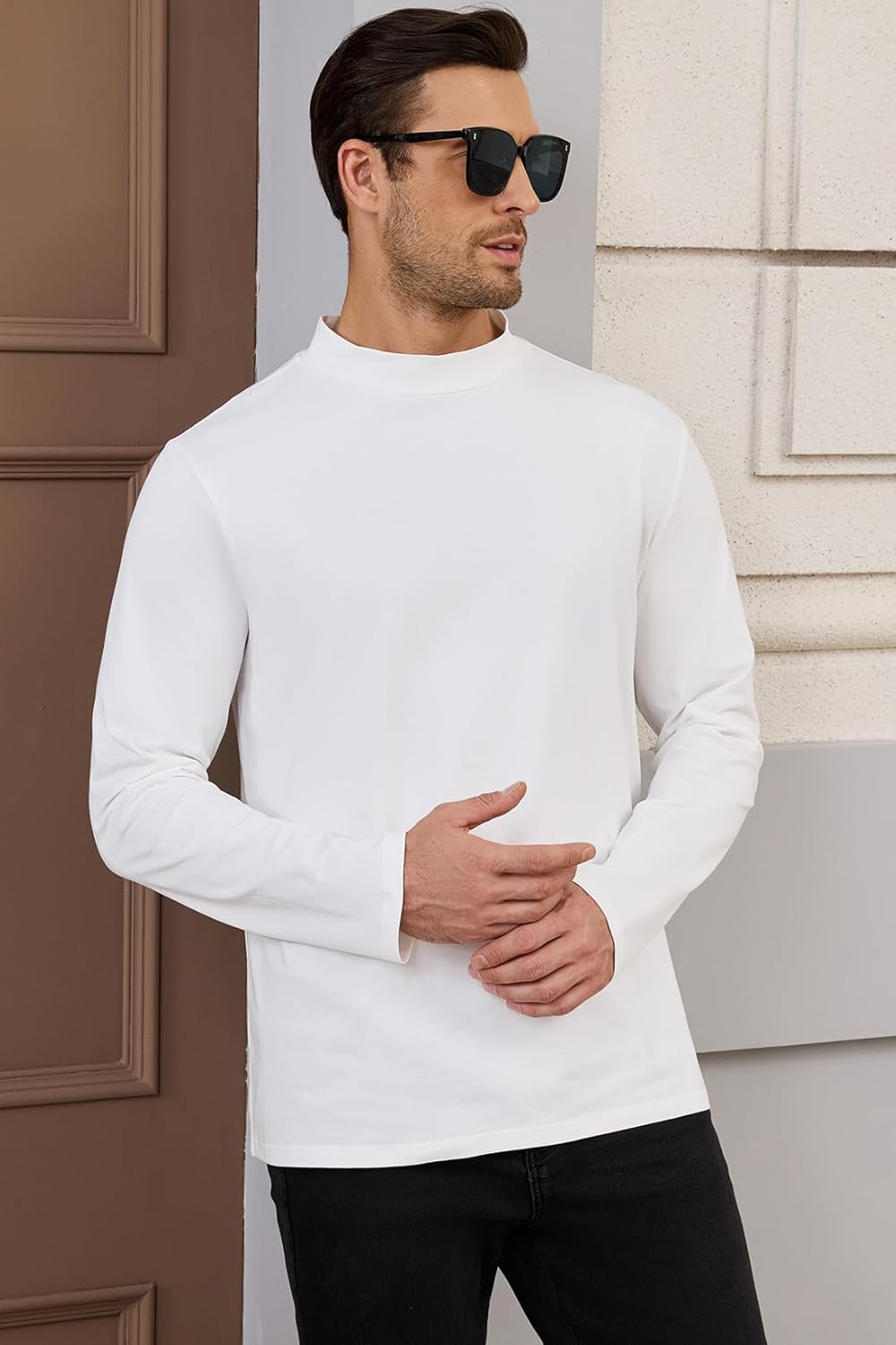 Men's Casual Cotton Mock Turtleneck Long Sleeve T-Shirts Solid Pullover Basic Lightweight Tee Tops White S - Image 3