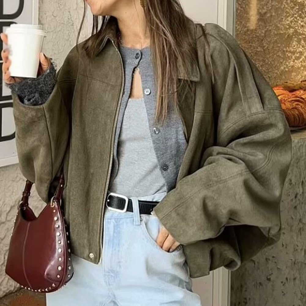 Generisch 2025 Womens Faux Suede Bomber Jacket Lapel Collar Zip Front Coat Long Sleeves Trendy Y2K Streetwear Outerwear