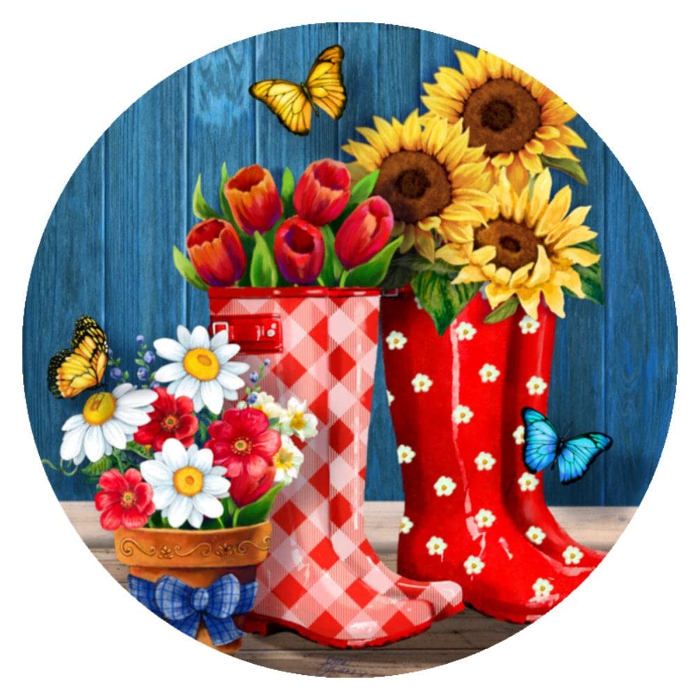 Retro Round Tin Sign 12 X 12 Inches Spring Rain Boots Sign Spring Flowers Wall Art Sunflowers and Tulips Butterflies Wall Decor Wreath Attachment Funny Wall Decor Nostalgic Arts Decor Home Decor