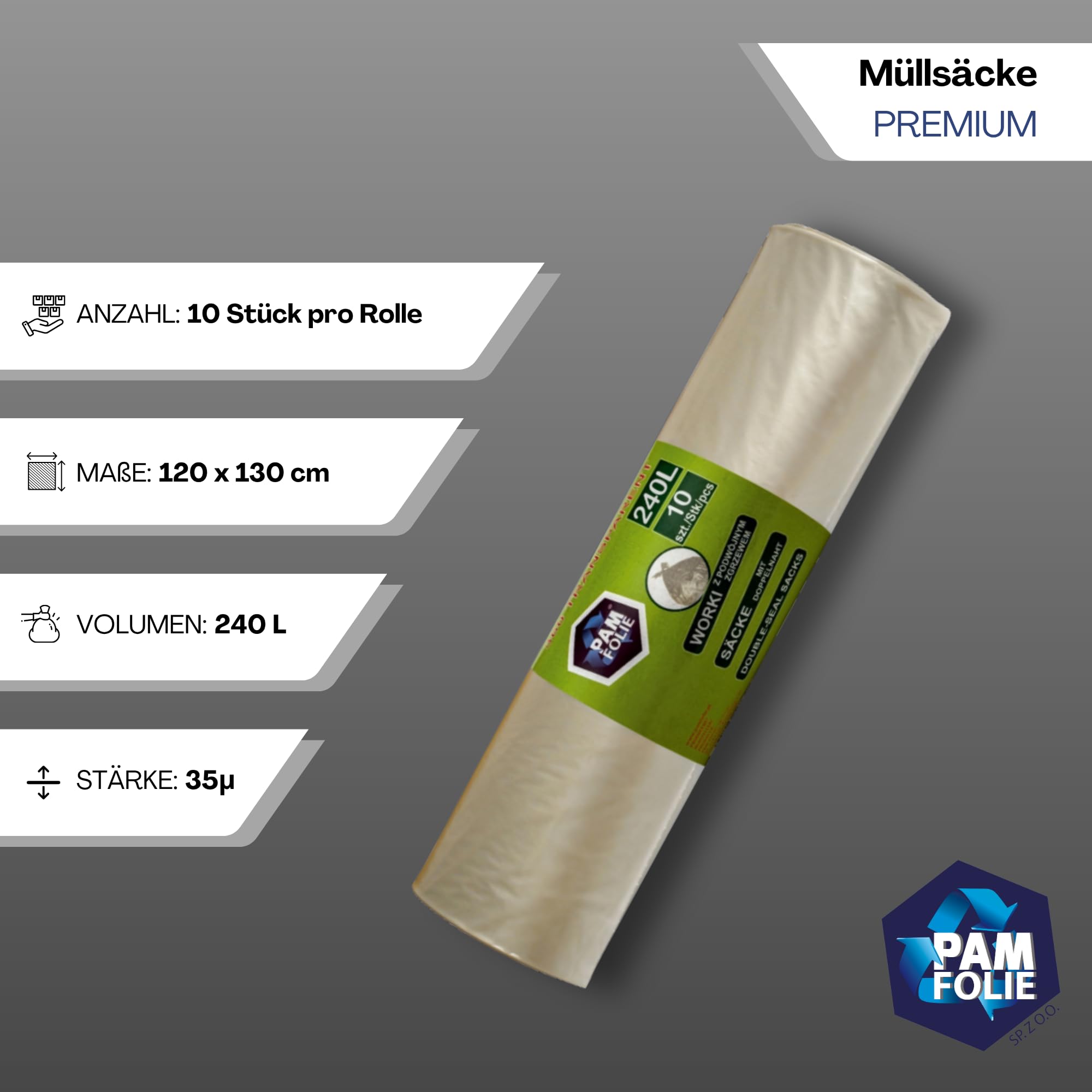 Worki na śmieci 240L – 30 sztuk – zestaw – worki XXL, duże, mocne, grube – 120 x 150 cm – 35 µm – uniwersalne, przezroczyste worki na śmieci – worki na odpady budowlane, styropian