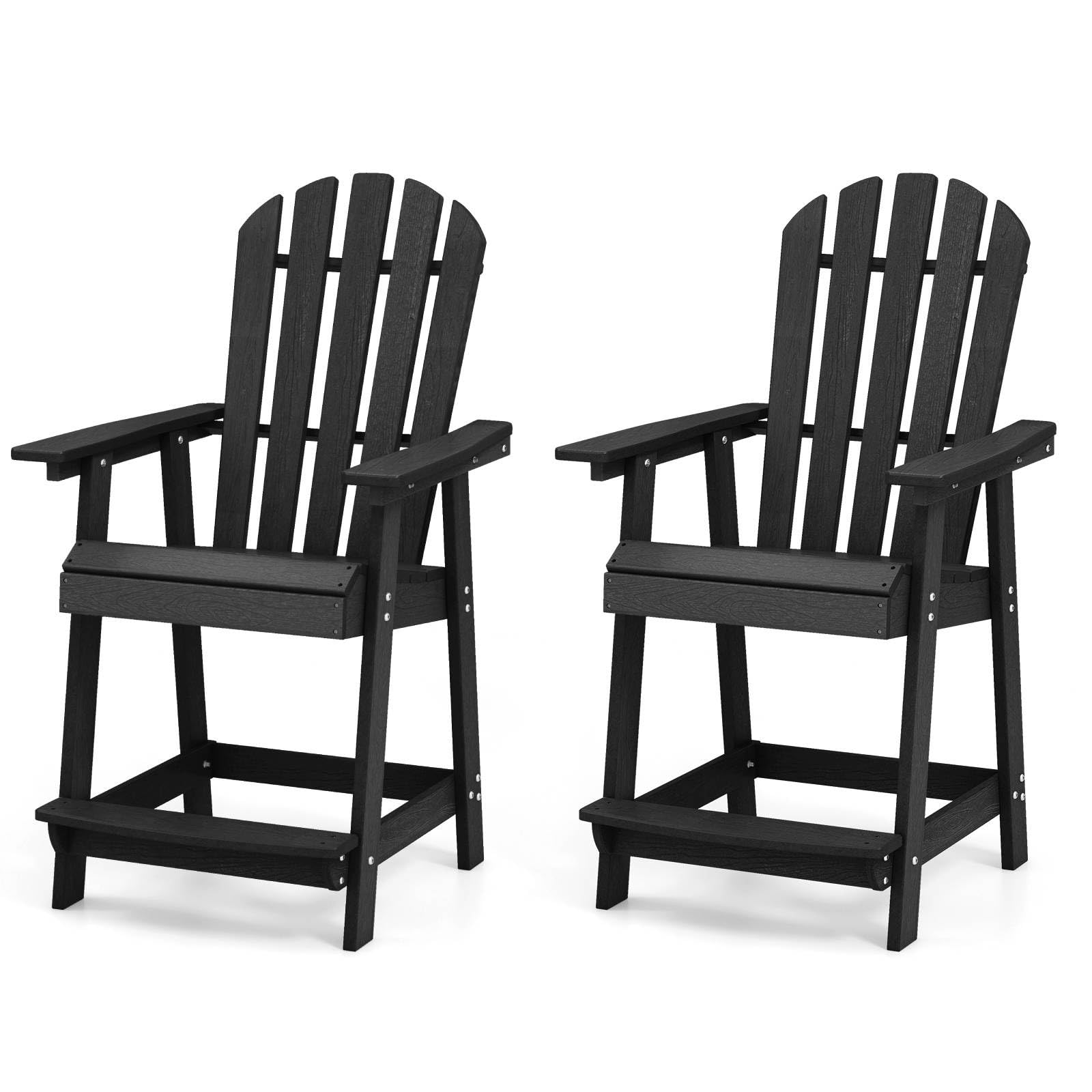 RELAX4LIFE 1/2PCS Outdoor Adirondack Chair, Weather Resistant HDPE Counter Height Patio Bar Stools with Armrests & Footrest, Garden Adirondack Lounger Armchair Dining Deck Chair (2, Black)