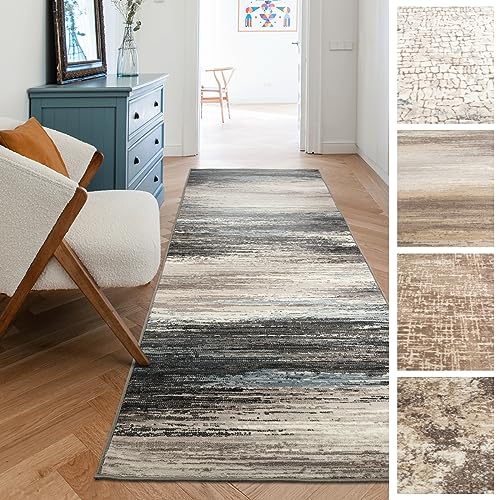 KARAT Teppich Läufer für Küche, Flur & Wohnraum Küchenläufer - Rutschfester Moderner Flurteppich für Wohnzimmer & Schlafzimmer - Meterware - 80 x 350 cm, Braun Beige Grau Muster, Archway