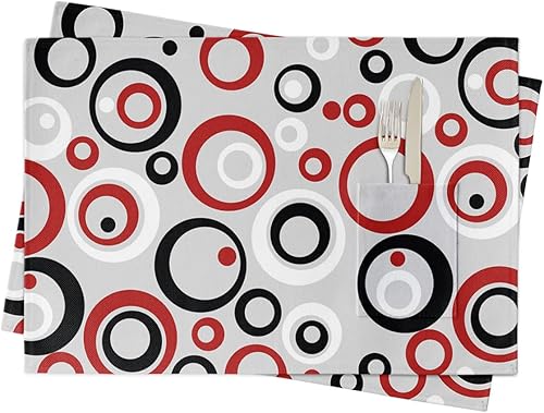 Red Black Table Placemats for Dining Table Set of 2,Cotton Linen Cloth Kitchen Place Mats with Pocket,Burlap SquareRectangleRoundOblong Table