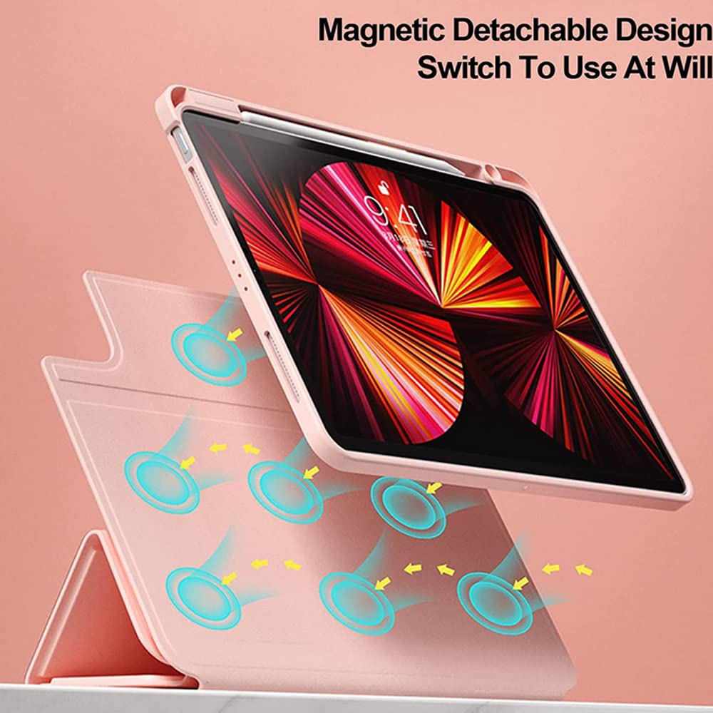 Étui avec clavier TouchPad pour iPad Pro 12.9 2021/2020/2018, double face magnétique en cuir et acrylique transparent avec clavier tactile amovible, rose